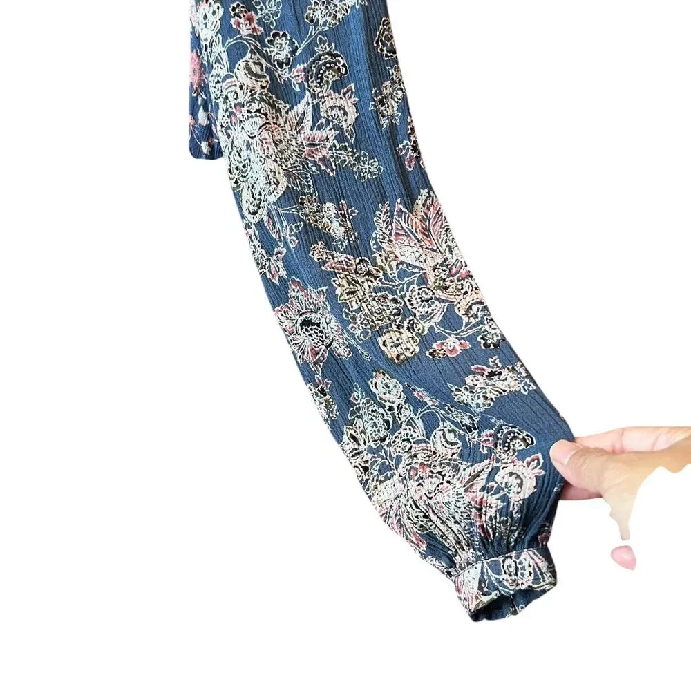 Free People Floral Long Sleeve Mini Dress‎ Womens Sz. Medium Blue Bohemian FLAW